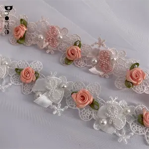 100% polyester white pearl beaded bow decorative 3cm austrian embroidery designs flower lace