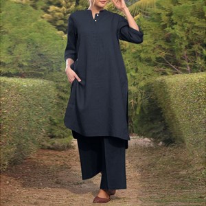 Ensemble 2 pièces en coton et lin pour femmes grandes tailles, col en V, manches 3/4, pantalon large, costume décontracté, SMLXL2XL3XL4XL5XL, couleur unie - Product Image 4