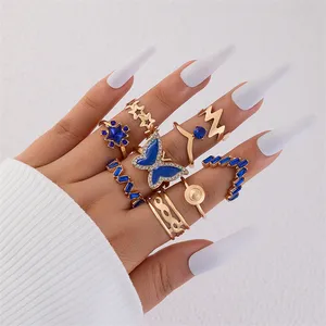 Mode Vintage Bijoux Plaqué Or Bleu Strass Serpent Papillon Coeur Carré Anneaux Pour Les Femmes