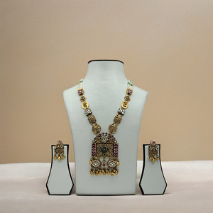 Traditional Indian Temple Gold Necklace <b>Set</b> with Kundan Stones Pearl <b>Beads</b> and Matching Jhumka Earrings Bridal Jewelry - Product Image 3