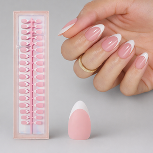 Faux ongles à presser en acrylique Beetles French Tip avec colle, forme amande courte, gel 4-en-1 pré-appliqué, base et primer - Product Image 1