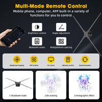 Ventilador de Proyección Holográfica 3D Ologramma de 75 cm, 65 cm, 55 cm, 45 cm, 4 Aspas, Ángulo de Visión de 170°, Uso en Interiores, Educación, Control por Aplicación, OEM