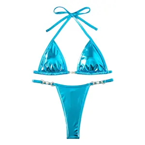 Women's Sexy Bright Skin Metallic Shiny Bathing Suit Micro Triangle Tie Side Swimsuit Swimwear Brazilian Bikini Set 2024