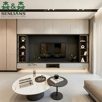 Mur TV design pleine hauteur avec système de rangement intégré, niches rétroéclairées et portes sans poignées