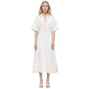 Custom Spring Cotton Solid New Design Elegant White Shirt Lady Dress Pleated Waist Casual Maxi Women Deep V-neck Belt Dress