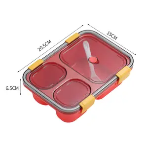 Plástico 3 compartimento cor vermelha caixa de almoço caixa de almoço SS304 com tampa transparente