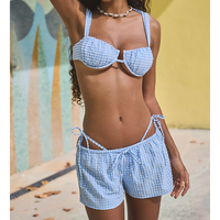 Vente Flash Ensemble de bikini 3 pièces à carreaux doux personnalisable haut à armatures avec string maillots de bain pour femmes