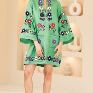Vestido de Lino y Algodón Bordado Personalizado, Elegante, Cuello en V, Casual, Manga Corta, Midi, Vestido de Verano para Mujer - Product Image 1
