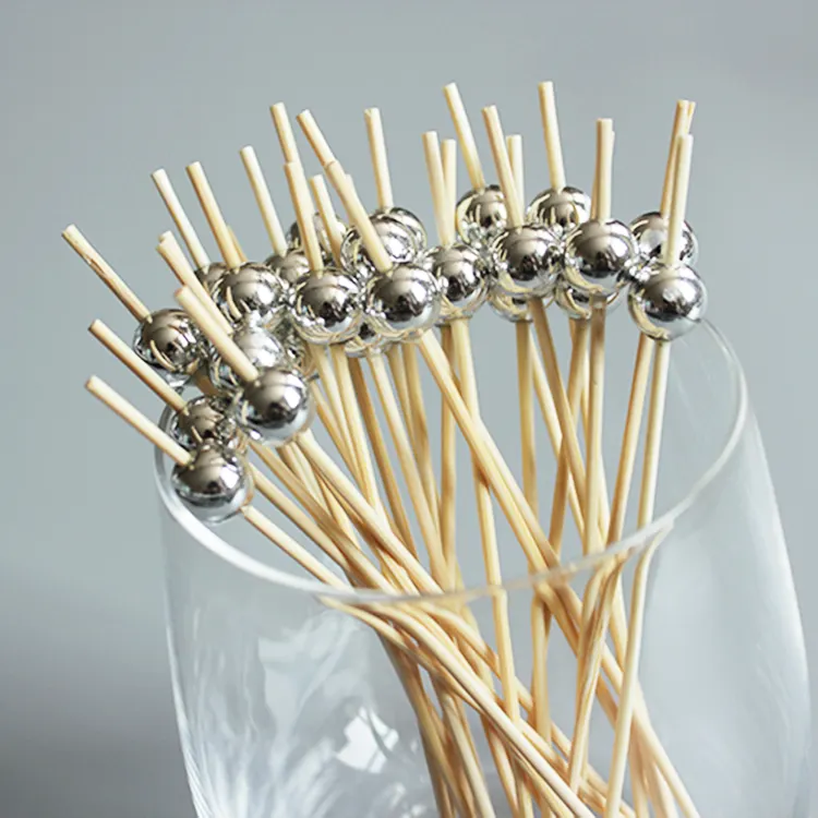 Jimao 100PCS Silver Pearl Cocktail Picks 4.7" Long Fancy Toothpicks Silver Pearl Food Decorative Bamboo Food Picks for Appetizer