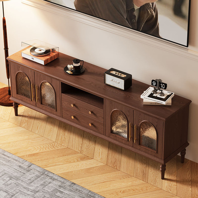 Solid Wood TV Cabinet British Light Luxury Oval Retro Style Living Room Drawer Storage TV Cabinet