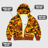Sweat à capuche homme personnalisé 420GSM orange, imprimé camouflage haute visibilité, doublure polaire blanche, bordure néon, fermeture éclair intégrale, poignets côtelés, coupe oversize pour le streetwear