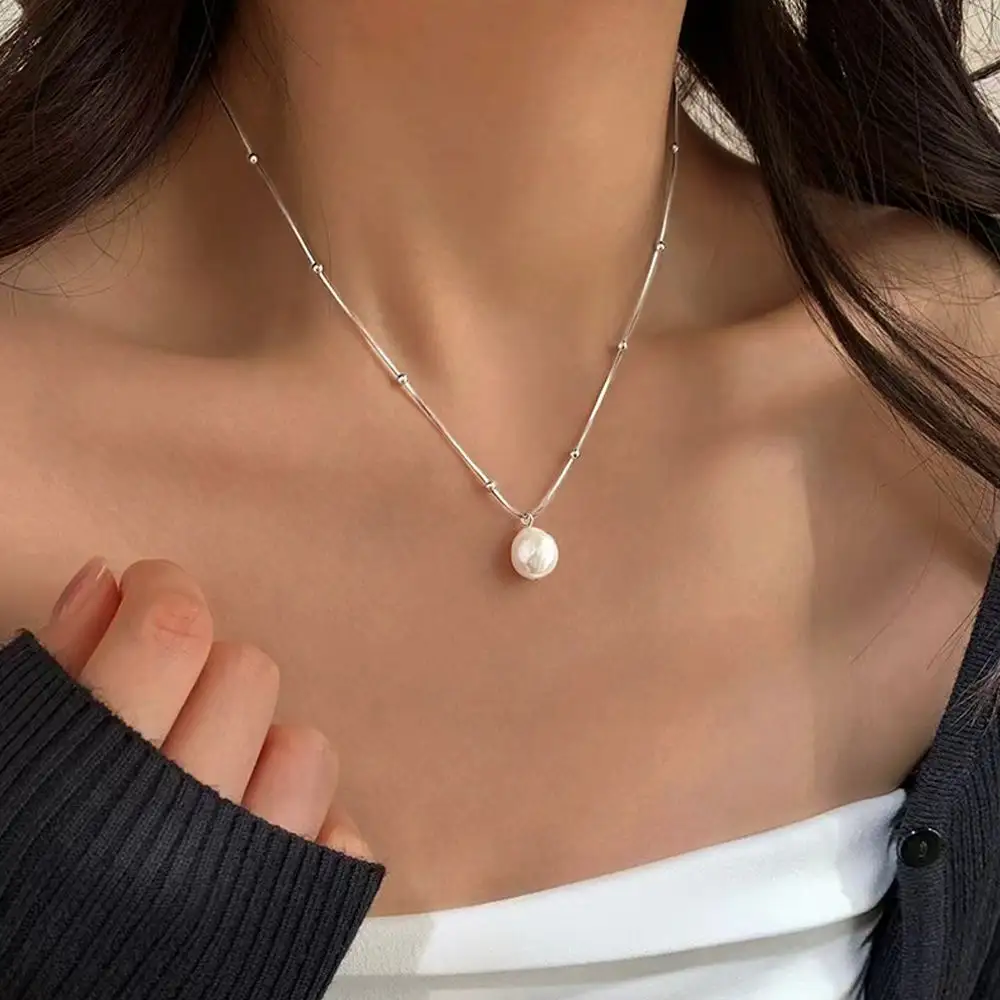 YWLY Minimalist Jewelry Freshwater Pearl Pendant Charm Necklace Interval Bead Snake Chain Stainless Steel Pearl Necklace