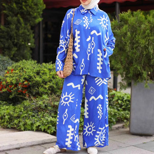 R-235 all'ingrosso 2024 Turkish Islam Set motivo geometrico Muslim camicetta e <span class=keywords><strong>pantaloni</strong></span> Casual nero Abaya - Product Image 3