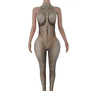 Mono Mujer bodysuit kristal tanpa lengan Fashion gadis panggung penari penari Leotard baju monyet Bodycon wanita seksi berlian imitasi Jumpsuit