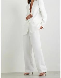 Costume pantalon femme en laine et polyester blanc, couleur unie, col cranté, manches longues, bouton unique, anti-plis, longueur standard - Product Image 1