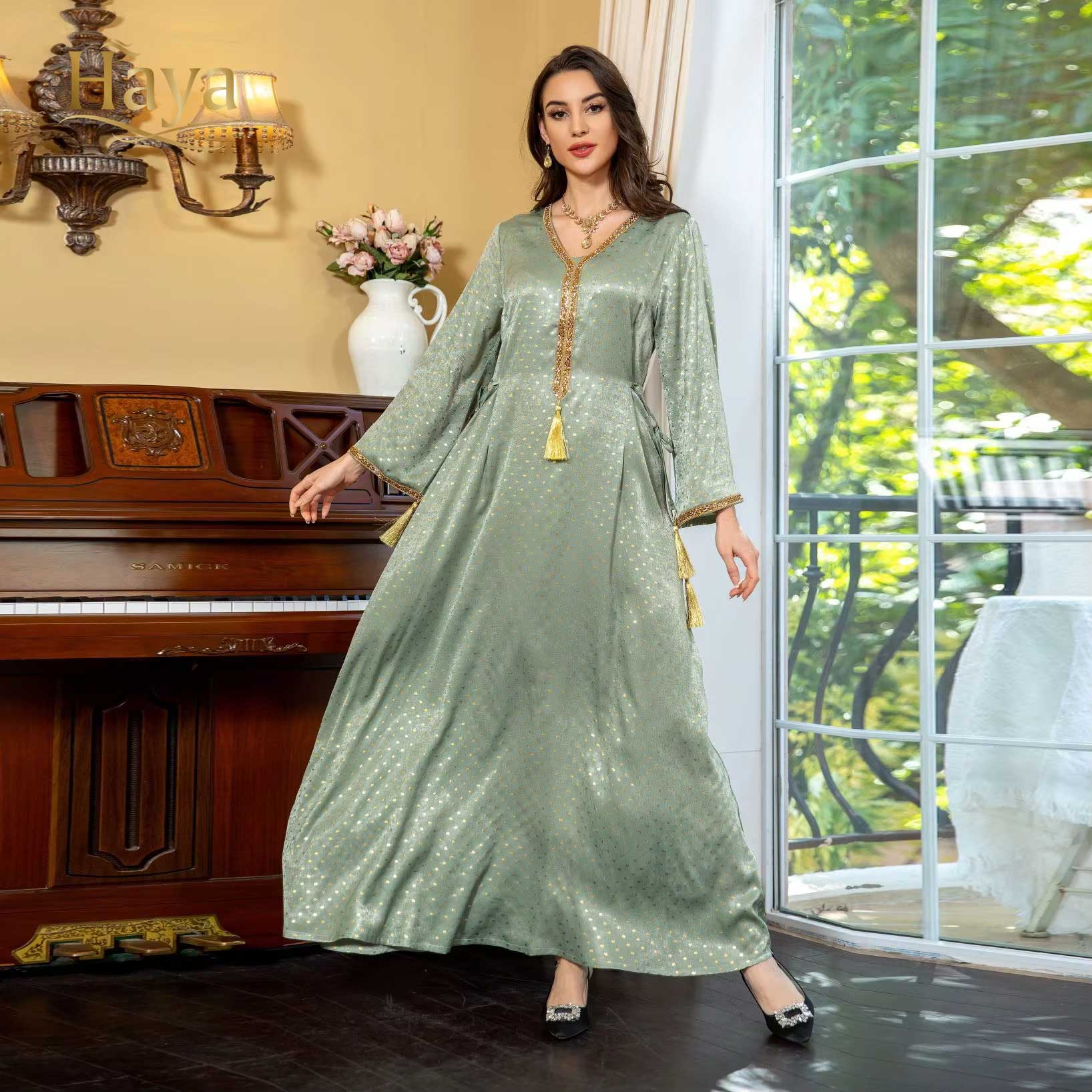 2026 Dubai Luxury Mint Green Gold Dot Satin Muslim Long Dress V Neck Long  Sleeve With Tassel Modest Outfit| Alibaba.com