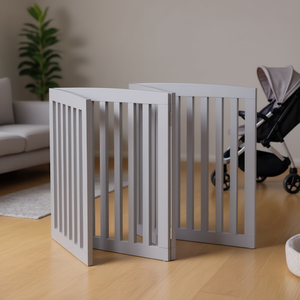 Barrière de sécurité pliante en bois gris pour animaux domestiques, 24 pouces, 4 panneaux, fermeture moderne à pousser vers le haut pour intérieur - Product Image 2