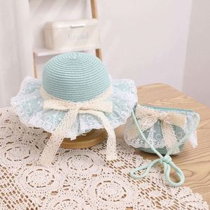 Nouvel ensemble chapeau de paille pour enfants et sac, pour filles, été, à large bord, avec bordure en dentelle et nœud en ruban de paille, protection solaire - Product Image 6