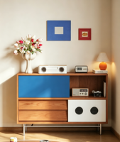 Commode modulaire moderne à 6 tiroirs, grande capacité, écologique, finition chêne naturel, acier inoxydable, meuble de salon