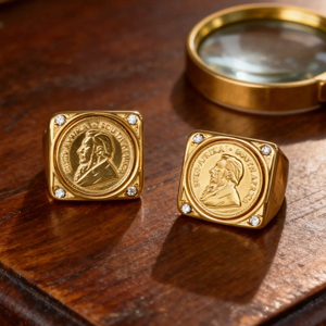 Anillo de sello con diseño de moneda <span class=keywords><strong>Kruger</strong></span> de Sudáfrica, chapado en oro de 18K, de acero inoxidable, cuadrado, de banda ancha y pesada, joyería vintage con moneda para hombre - Product Image 2