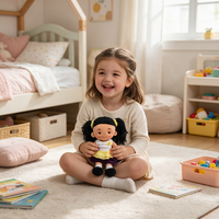Poupée en peluche personnalisée fille aux cheveux noirs, jouets en peluche doux, vente en gros, fabricant de jouets en peluche personnalisés, cadeaux en peluche personnalisés pour enfants