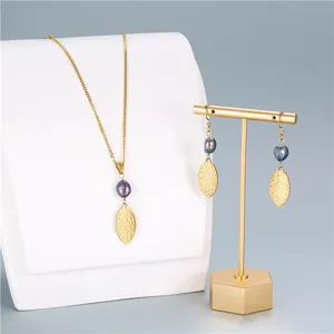 Collier en acier inoxydable plaqué or pour femmes, design de feuille, ensemble de bijoux en perles d'eau douce