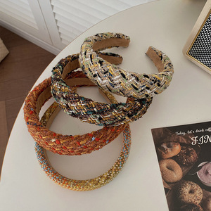Light Luxury Autumn-Winter Senior Sense Retro Wide <b>Wool</b> Fabric Women's <b>Headband</b> 15cm Plaid Tweed Hair Accessories Wholesale - Product Image 3
