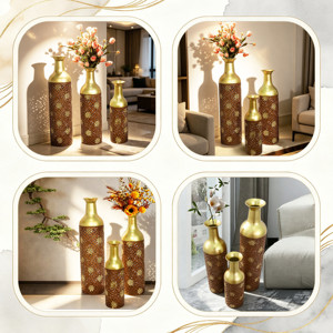 Ensemble de 3 vases décoratifs en métal, motif feuilles rustiques marron, vases de sol rustiques marron, tous les vases pour la décoration de la maison - Product Image 5