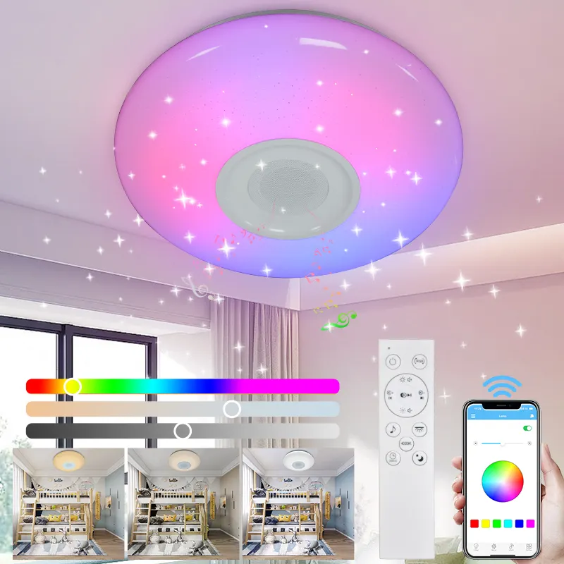 Rgb Music Surface Room Acrylic Round Remote Control Dimmable Modern Flush Mount Fixture Led Ceiling Light With Bluetooth Speaker