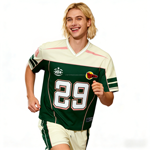 เสื้อยืดผู้ชายทรงปกติ สไตล์เรโทร ลายพิมพ์อเมริกัน ผ้าเจอร์ซีย์ แขนสั้น ทรงสี่เหลี่ยม ตาข่าย ระบายอากาศ สวมใส่สบาย สไตล์สตรีท สปอร์ต ฟุตบอล 100% - Product Image 3