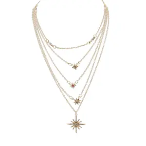 Mode Boho Vintage Gold Silber Mehr schicht ketten Anhänger Halskette Frauen Schmuck Multi-Element Kristall
