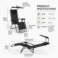 Chaise de camping pliable portable zéro gravité, chaise longue inclinable réglable avec auvent pare-soleil, structure en tube de fer, tissu Oxford