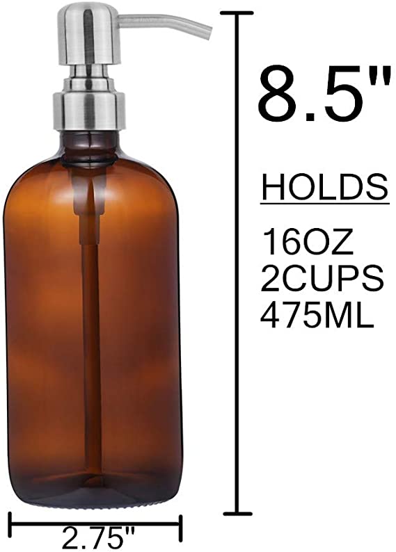 16oz   Boston Round Bottles Thick Amber Glass Soap Dispenser with Stainless Steel Pump