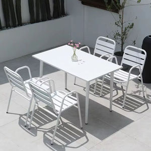 White Durable Outdoor Dining Set Rectangular Table with 6 <b>Chairs</b> Metal Frame Weather-Resistant for Courtyard Use - Product Image 3
