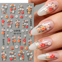 Autocollant 5D en relief pour ongles, motif floral rose, violet, orange, fleur de printemps, autocollant pour ongles, décalcomanie manucure cœur d'amour Saint-Valentin