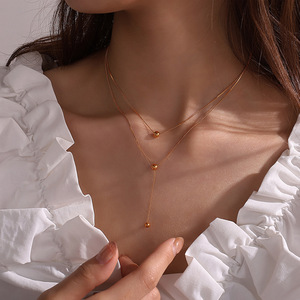 Double Layer Ball <b>Bead</b> <b>Necklace</b> Gold Stainless Steel Women's Minimalist Daily Wear Fashion Chain <b>Necklace</b> - Product Image 4