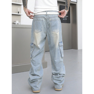 <span class=keywords><strong>Pantaloni</strong></span> Cargo in Denim Ecologico Lavato Azzurro per <span class=keywords><strong>Uomo</strong></span>, Personalizzabili, <span class=keywords><strong>con</strong></span> Grandi Tasche <span class=keywords><strong>Laterali</strong></span>, Stile Casual Invernale da Strada - Product Image 4