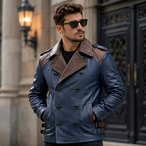 <b>Men's</b> navy blue brown buckle Leather <b>Jacket</b> turn down Collar With Button Closure - Product Image 1