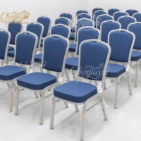 Silla de Banquete Apilable Cromada para Hotel, Diseño Moderno, Tela Azul, Estructura Metálica Plateada, para Hospital y Restaurante, Venta al Por Mayor