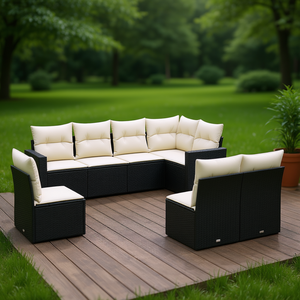 Ensemble de canapés de jardin noir et crème, meubles en rotin d'extérieur avec coussins en mousse haute densité, design contemporain - Product Image 2