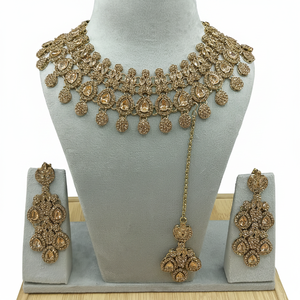 Parure de collier ras-du-cou, boucles d'oreilles et Maang Tikka en cuivre plaqué or vintage, ornée de perles, style ethnique, fait main, pour mariée, cadeau de mariage et de fiançailles - Product Image 2