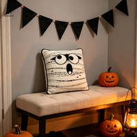 Housse de coussin Mumie d'Halloween 45x45, taie d'oreiller décorative brodée avec visage et passepoil noir pour canapé et chambre à coucher