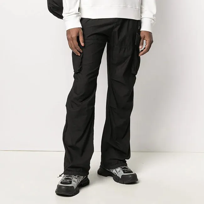 Quality Casual Fashion Design Custom Logo Loose Cargo Trousers Drawstring Pockets Waterproof Tactical Street Black Nylon Pants
