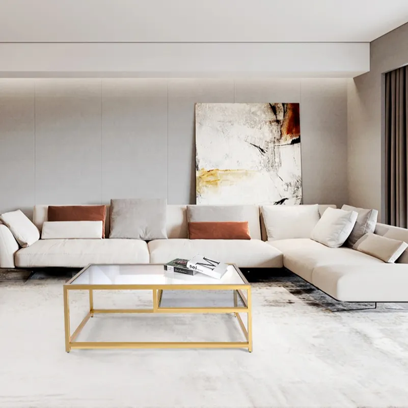 Muebles modernos para sala de estar, mesa de centro de vidrio templado con patas de Metal y vidrio dorado
