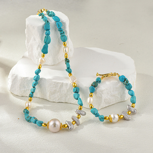 Chic 18K Gold Plated Women's Trendy Geometric Stone Jewelry Set Freshwater Pearls Coral Beads-Necklace/<b>Bracelet</b> Casual Parties - Product Image 4