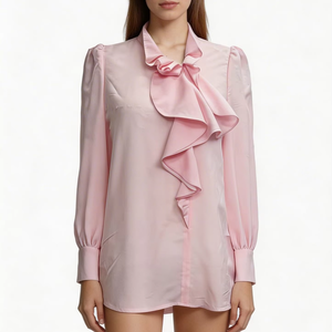 Elegante Formelle Rosa Chiffon Einfarbige Raglan-Bluse mit Langen Ärmeln und Schleifenkragen für Damen Frühling Sommer 2026 - Product Image 1