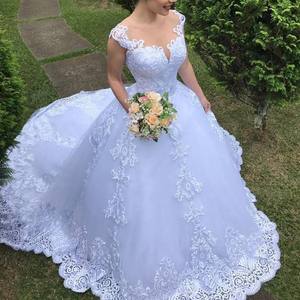 S9107F Plus Size <b>White</b> Lace Bridal Gown With Chapel Train Drop Shipping A-Line Elegant Floor-Length Wedding Dress - Product Image 1