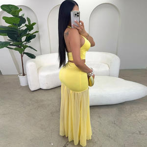 Penjualan terlaris musim panas wanita tanpa lengan Deep V leher Hollow Out Crop Top jala tembus pandang rok panjang wanita dua potong Set rok - Product Image 4