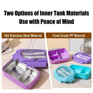Boîte à bento et gourde tendance et sécurisées avec fourchette et cuillère - Contenant repas 2 compartiments/3 compartiments pour l'école et le bureau - Product Image 2