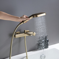 Ensemble de douche et baignoire 2 fonctions en laiton doré brossé, avec pommeau de douche pluie et douchette à main, mitigeur mural pour salle de bain